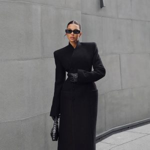Temperament Shoulder-padded Waist-cinching Long Wool Coat For Women       Livraison entre 15 et 21 Jours  Livraison gratuite